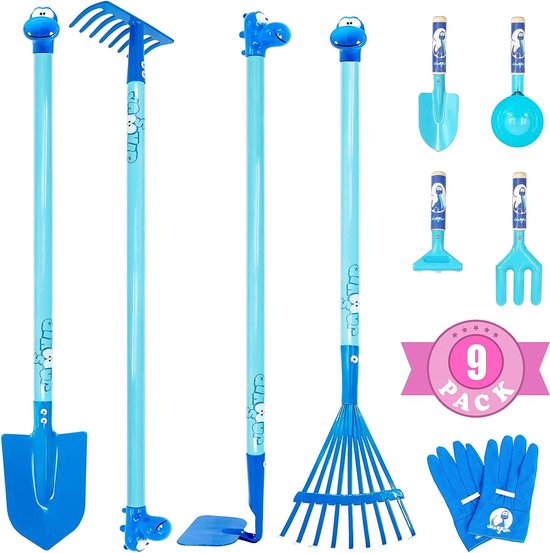 9 STKS Kids Tuingereedschap Set, Kids Tuingereedschap Met Echte Stevige Stalen Hoofden, Tuinieren Geschenken voor Kinderen Inclusief Hark, Spade, Schoffel en Blad Hark, Vork, Lepel, Kids Tuinhandschoenen van JOYIN
