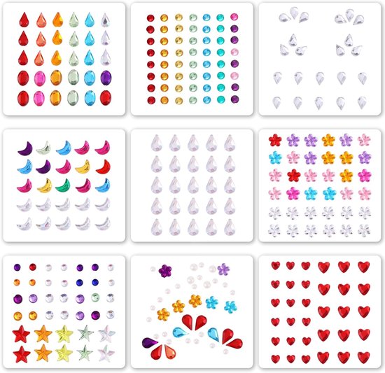 9 vellen kleurrijke gezichts-edelsteenstickers - 321 stuks zelfklevende gezichtssieraden op strass - make-up - juwelen - sieraden - kristal - bling stickers voor festival - party - gezicht - oog - arm en meer van Merkloos	