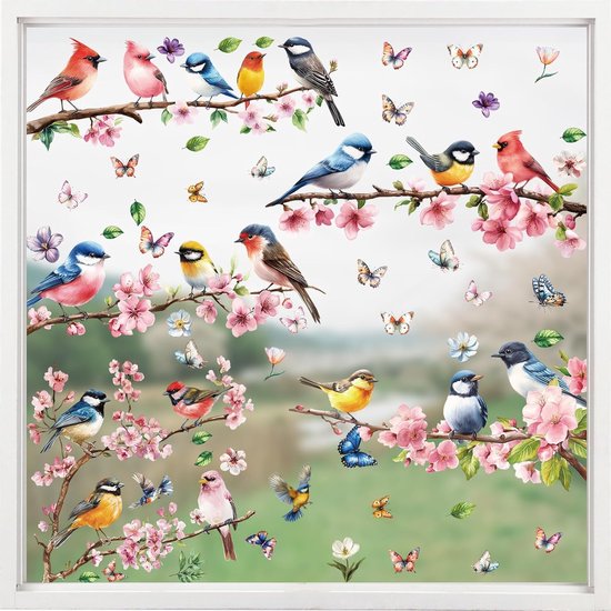 9 vellen zelfklevende raamstickers - raamafbeeldingen - lente - vogels - bloemen - vlinders - raamfolie - kinderkamer - raamdecoratie - lentedecoratie van Merkloos	