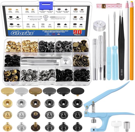 90 Sets Leather Snap Fasteners Kit met Snap Pliers - 12.5mm - 6 Kleuren Snap Buttons - Push Buttons - 8Pcs Snap Pliers Setting Tools - Grease Pencils - Tweezers - Tape Measure voor DIY Leather Craft van Merkloos	