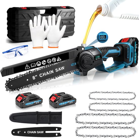 900W Accu Kettingzaag 6 + 8 inch Auto-Oliër 28000RPM 4000 mAh Borstelloze Motor Veiligheidsslot Mini Elektrisch handkettingzaag Compatibel met Makita 18V Accu Voor Tuin Boomsnoeien Hout