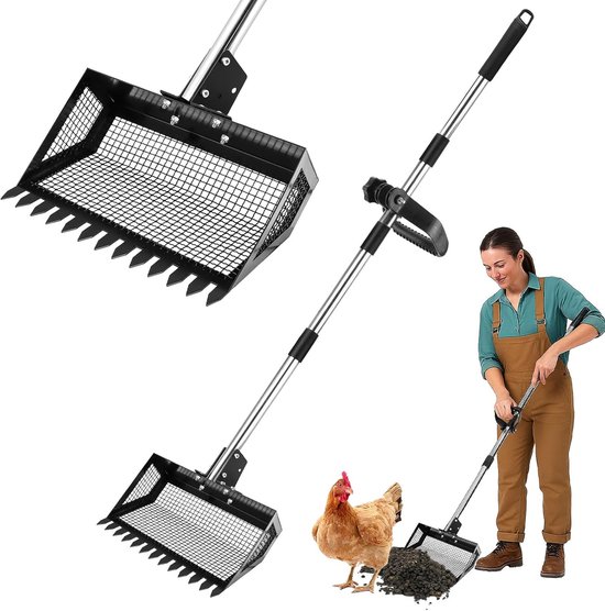 9,8 × 9,2,5 cm kippenpoepschep - multifunctionele 2-in-1 zeefschep voor koeienloods - harken/huisdierafval/tuinopruiming - verstelbare lengte/hoekschep met ergonomisch handvat - zwart van Merkloos	