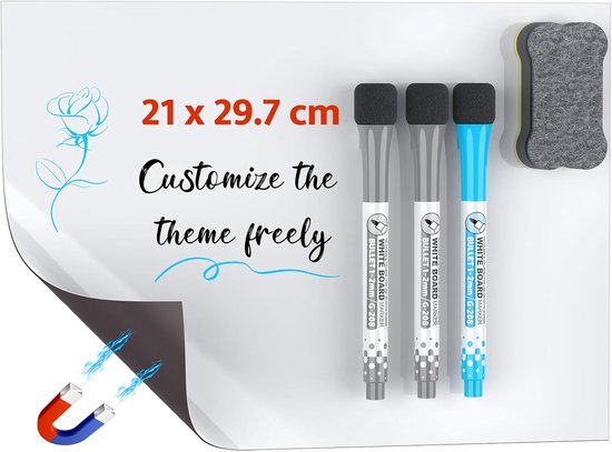 A4 Magnetisch whiteboard - met 3 markeerstiften - en gum voor koelkast/kantoor - droog wisbord voor notities - lijsten en planning van Merkloos	