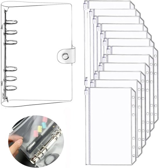 A6 Ring Binder - 12 Stuks - Waterdichte Documentmappen - Transparante Mappen met Rits - Inclusief 1 Ringbinder - Binnenmaat 6.49 x 3.5 in/16.5 x 8.9 cm van Vantasii