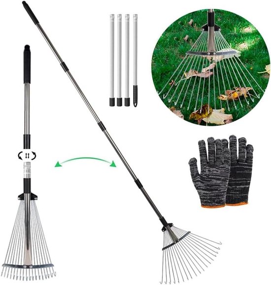Aanpas suggestie:Adjustable Garden Leaf Rake with Handle 215 cm - Metal Fan Broom and Gloves for Cleaning Plants, Lawn, and Yard van Merkloos	