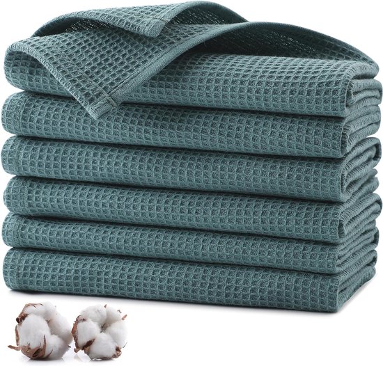 Absorberende Keukenhanddoeken 100% Katoen - Set van 6 - 35 x 35 cm - Donkergroen - Duurzaam en Machinewasbaar van Absorber