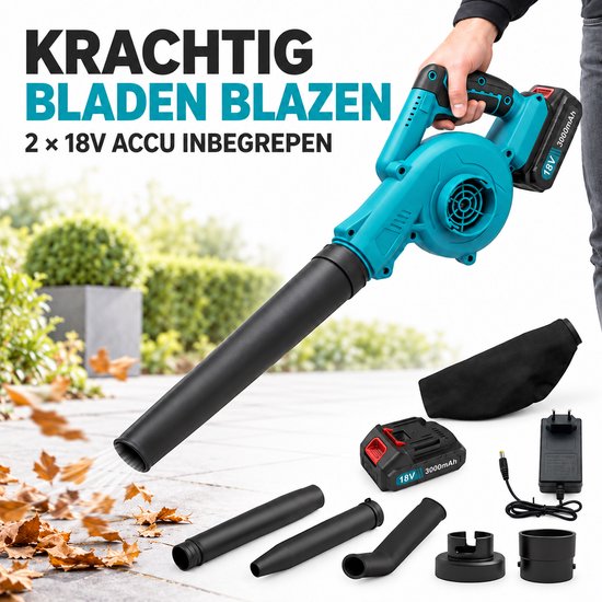 Accu Bladblazer en Stofzuiger 2-in-1 – 18V Luchtblazer met 2× 3000mAh Accu – Inclusief Opvangzak, Oplader en Mondstukken – Voor Tuin, Auto en Werkplaats