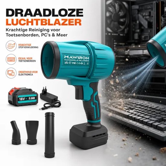 Accu Bladblazer / Handstofblazer / Snelblazer – 18V 5500mAh Lithium‑ion – Draadloze bladblazer voor tuin, werkplaats, auto, drogen & reinigen – Met 3 opzetstukken, EU‑lader & opbergdoos – Krachtige handblower voor bladeren, stof, vuil en water