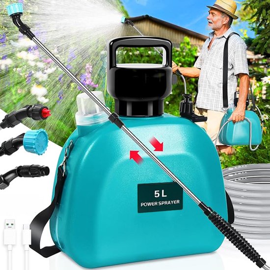 Accu Drukspuit - 5L Elektrische Tuinsproeier - Groen 2000mAh Oplaadbaar 6W - 3 Verstelbare Spuitmonden - Voor Water geven & Schoonmaken van Merkloos	