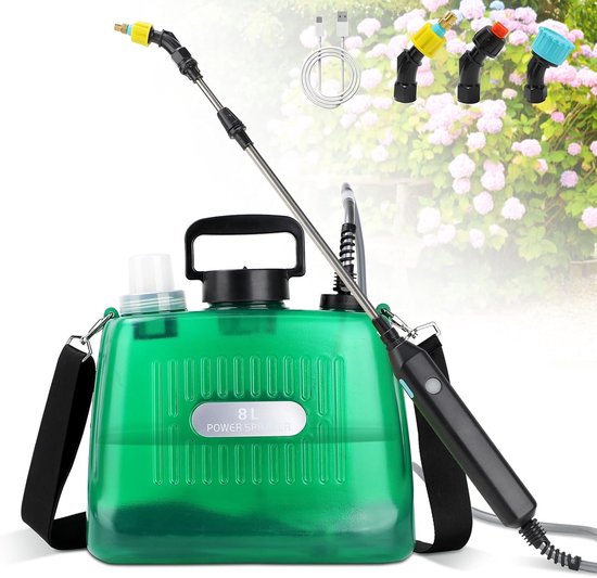 Accu Drukspuit 8 Liter - Druksproeier - Rugsproeier Tuin - Comfortabel Draagcomfort - Telescopische Lans - Regelbare Sproeikop - Drukspuit met lans - 2000 Mah - Groen