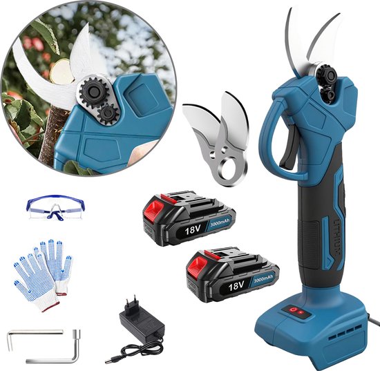 Accu Elektrische Tuinschaar 18V Complete Set | 2x 3000mAh Accu, Extra 25mm Mes, Veiligheidsuitrusting & EU Oplader voor Snoeien Bomen en Struiken