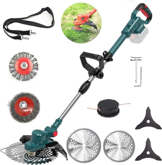 Accu Grasmaaier - 750W Elektrische Grastrimmer (Zonder Accu/Lader) - 4-in-1 Multifunctioneel - Borstelloze Motor - Verstelbaar - Geschikt voor 18V-21V Accu's (Makita Compatibel) van Merkloos	