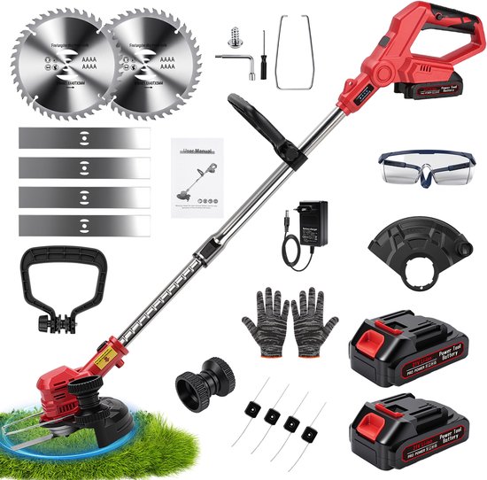 Accu Grasmaaier - Bosmaaier Grastrimmer - met 2 Accu's 1.5A - 8 inch snijbreedte - 750W Rood Handgrasmaaier - Borstelloze Draadloze Grasmaaier - Lengte Verstelbaar - Tuingereedschap voor Gazon - Draagbare Elektrische Kantenmaaier