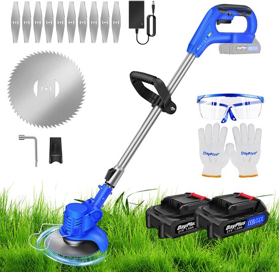 Accu-Grasmaaier met 21V Accu, Bosmaaier, Elektrische Grasmaaier met 2 Accu’s, Trimmer, Tuin-, Gazon- en Onkruidtrimmer, Elektrische Trimmer, Tuinkantensnijder Voor Tuin en Erf