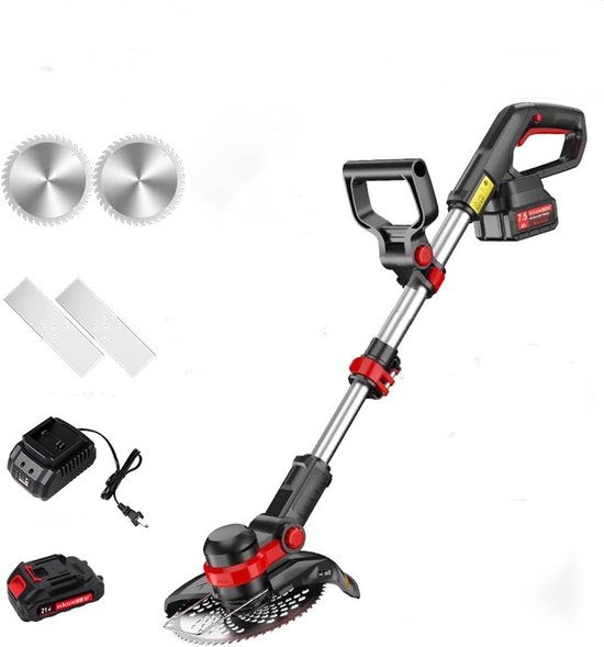 Accu-grastrimmer, 21 V, met 90 graden draaibare trimmerkop, telescopische steel, incl. 1 x 2,0 Ah accu, 1 x oplader, 2 x 15 cm maaibreedte, 2 x messen van Merkloos	