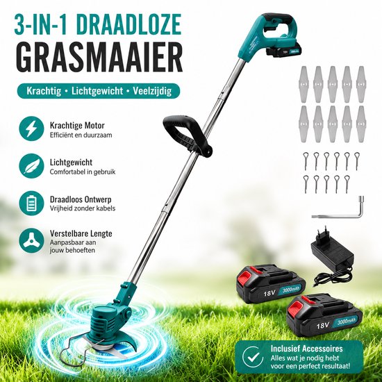 Accu Grastrimmer 3-in-1 Opvouwbaar – 18V 3000mAh 2x Batterij + Lader – Met 10 Stalen Messen, 2-in-1 Wiel & Randensnijder – Krachtige Onkruidverdelger voor Tuin, Gazon & Stoeprand – Incl. Aluminium Schijf & Beschermkap