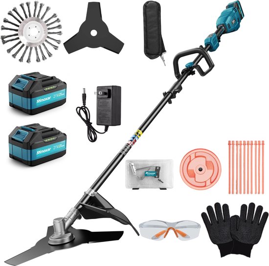 Accu Grastrimmer 700W met Borstelloze Motor, 2×5200 mAh Accu’s, 3 Snijmessen, Verstelbare Handgreep en Rugzakriem