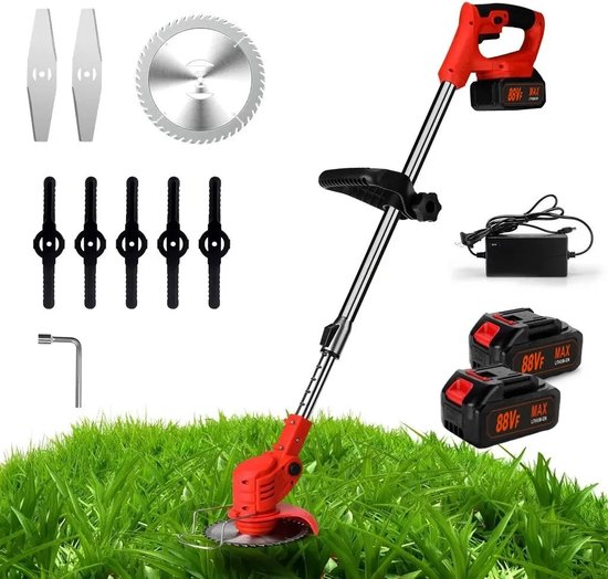Accu grastrimmer, accu en oplader, Accu Onkruidwacker, 180° trimhoek, telescoopsteel & extra handgreep van Merkloos	