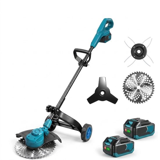 Accu Grastrimmer Borstelloze Motor 18V Compatibel met Makita Batterij - Draadloze Grasmaaier 25 cm Maaibreedte met 3 Meskoppen en Nylon Wielen - 58000 RPM - 120 cm