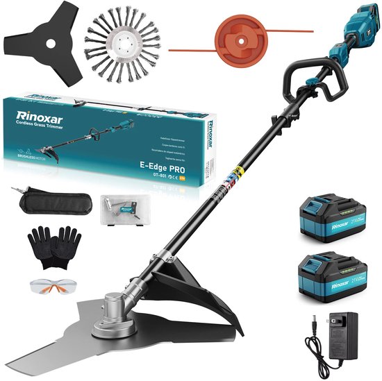Accu grastrimmer met 12000 tpm, accu-bosmaaier met 2 accu’s van 5200 mAh, snijbreedte 26 cm, borstelloze motor aan de voorkant, veiligheidsbescherming, 3 soorten messen voor tuin en erf van Merkloos	