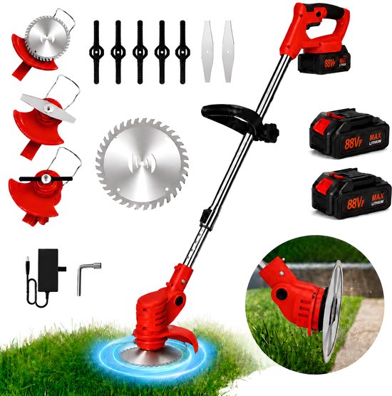 Accu Grastrimmer met 2x 2.0Ah accu’s + lader | 3-in-1 messenset (gras / onkruid / struiken) | 90° verstelbare kop | telescoopsteel (90 - 120cm) & extra handgreep | lichtgewicht 2,3 kg