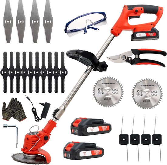 Accu grastrimmer met accu, gazonkantentrimmer met 2 accu's 21V en 4 mestypen + 1 tuinschaar, verstelbare telescopische geleidehandgreep van Merkloos	