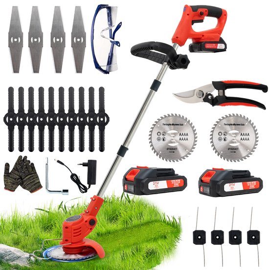 Accu grastrimmer met accu,OUTIGO opvouwbare grasmaaier, Draadloze grasmaaier， gazonkantentrimmer met 2 accu's 21V en 4 mestypen + 1 tuinschaar van Merkloos	