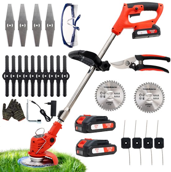 Accu Grastrimmer , OUTIGO Tuinmaaier, Telescopische steel, Wordt geleverd met 2-batterijen en 4-soorten messen+ tuinschaar, Draagbare tuingrasmaaier, verstelbare telescopische geleidehandgreep van OUTIGO