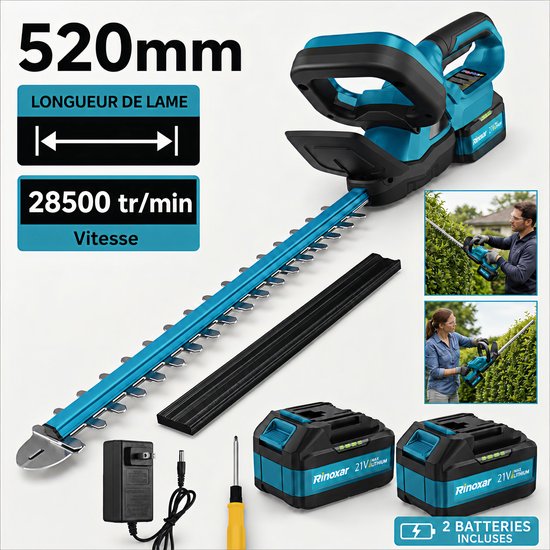 Accu heggenschaar 21V met 8000mAh accu, 600W borstelloze motor, elektrische heggenschaar met 52cm snijlengte en 15mm snoeidiameter