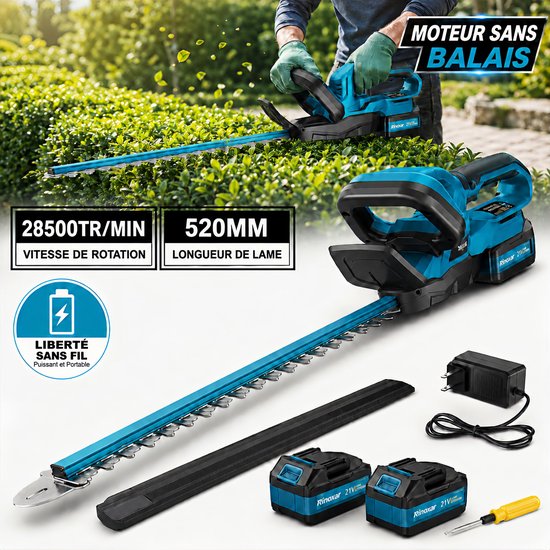 Accu Heggenschaar 600W met Borstelloze Motor, 52 cm Mes, 2×4000 mAh Accu’s, Dubbele Veiligheidsvergrendeling en Oplader