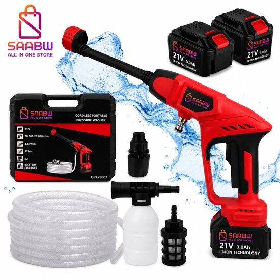 Accu Hogedrukreiniger 21V 12 Bar – 2x 3.0Ah Accu – Borstelloze Motor – 4,5 L/min – 6 Straalstanden – Schuimfles – Waterfilter – Inclusief Koffer – 91310