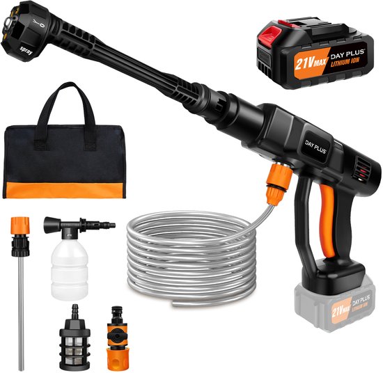 Accu Hogedrukreiniger 21V - Draadloze Hogedrukspuit met 6-in-1 Nozzle - 5m Slang - Voor Auto - Tuin - Terras en Fiets
