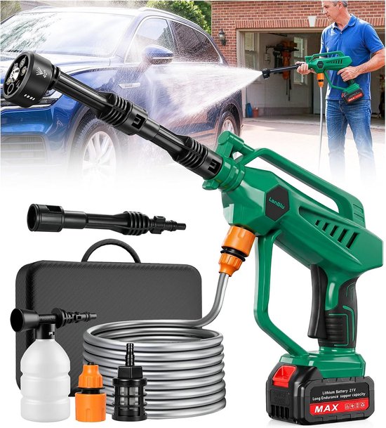 Accu Hogedrukreiniger 800 PSI met 3 Drukstanden - Draadloze Hogedrukspuit met 6-in-1 Sproeikop, Schuimsproeier en 5 Meter Aanzuigslang - Voor Auto, Fiets, Boot, Terras en Tuin