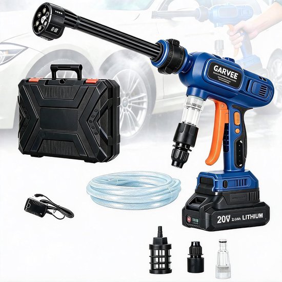 Accu Hogedrukreiniger - Borstelloze Motor - 1300 PSI - 6-in-1 Sproeikop - Zelfaanzuigend - Ultralicht 0.98kg - Draagbare Reinigingsspuit inclusief Harde Koffer & 5m Slang