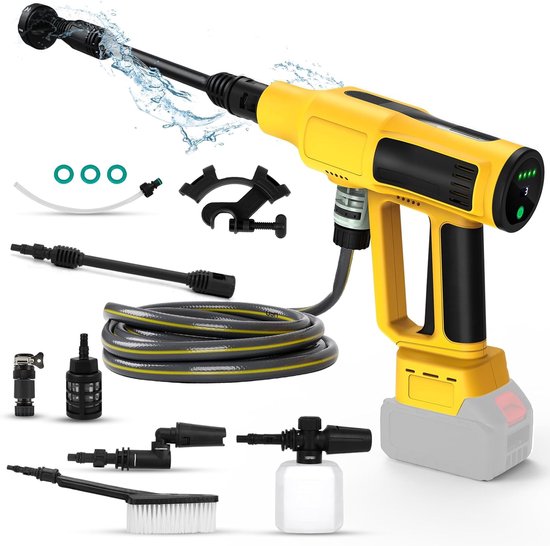 Accu Hogedrukreiniger - Compatibel met 20V Accu - 700 PSI - 380W Borstelloze Motor - 6-in-1 Sproeimondstuk - Schuimkanon - 5 m Waterslang - Voor Auto - Tuin - Terras