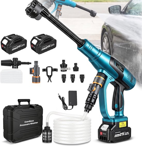 Accu-hogedrukreiniger, compatibel met Makita 18V-accu's, 330 l/u, 3 vermogensniveaus, 2 x 4,0 Ah accu, 5 m slang, 6-in-1 mondstuk, schuimsproeier, borstelloze hogedrukreiniger voor auto en tuin