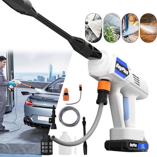 Accu-hogedrukreiniger, elektrische krachtige reiniger voor terras en auto, met 2 accu’s van 1,5 Ah