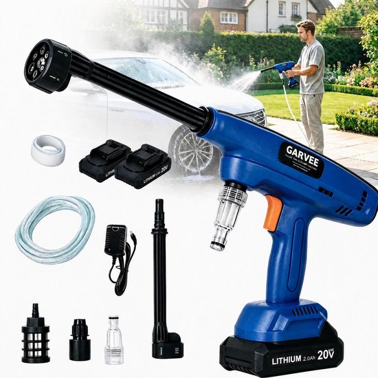 Accu hogedrukreiniger met 6-in-1 spuitmond - Draadloze drukreiniger met 2 accu's, schuimkan en 5 m slang voor auto, terras en tuin