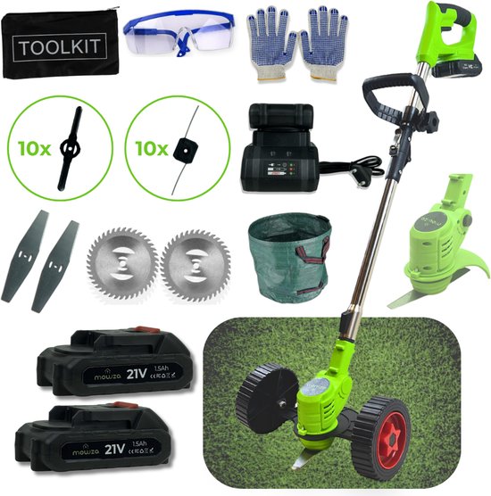 Accu Kantenmaaier – Grastrimmer – onkruidverwijderaar– Gazonkantentrimmer – 21V Draadloos – Incl. 2 Accu's & 4 Typen Messen – Groen/Zwart