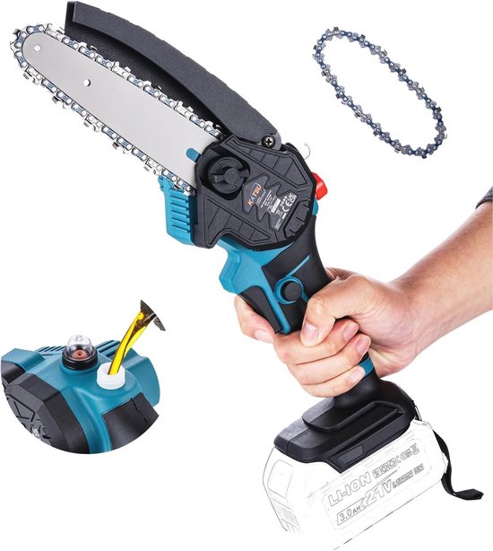 Accu-kettingzaag 21V met Handmatige Oliepomp en Extra Ketting voor Boomtakken en Houtsnoei