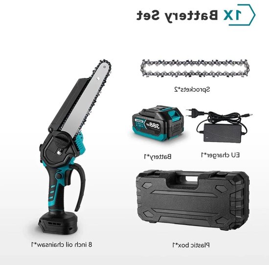 Accu Kettingzaag - 8 Inch - Mini Kettingzaag - Brushless Motor - 20.000 RPM - Digitaal Display - Draadloos en Oplaadbaar - Voor Houtbewerking - en Tuinklussen - Automatische kettingsmering - 1 Accu's met 1 Lader van Merkloos	