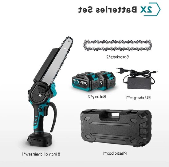 Accu Kettingzaag - 8 Inch - Mini Kettingzaag - Brushless Motor - 20.000 RPM - Digitaal Display - Draadloos en Oplaadbaar - Voor Houtbewerking - en Tuinklussen - Automatische kettingsmering - 2 Accu's met 1 Lader van Merkloos	