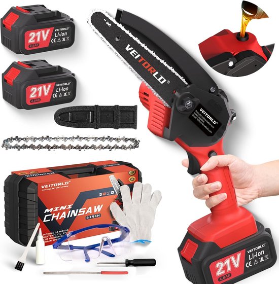 Accu Kettingzaag - Kleine Snoeizaag - Tuinonderhoud Snoeien - Automatisch Oliesysteem - 6 Inch - Rood