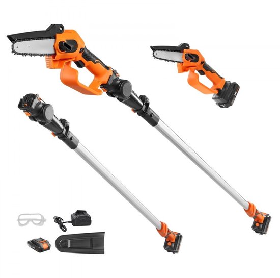 Accu mini-kettingzaag - 2-in-1 stoksnoeizaag en heggenschaar - Batterij 20V 2Ah - Borstelloze motor - Telescopische steel tot 2,43 m - Toerental 22.000 tpm - Snoerloos