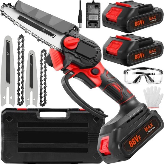 Accu mini kettingzaag 4/6 inch – 21V elektrische takkenzaag – Met 2 accu’s, koffer en accessoires
