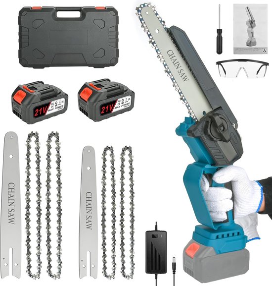 Accu mini-kettingzagen 6 en 8 inch - Borstelloze elektrische takkenzaag met 2 batterijen van Merkloos	
