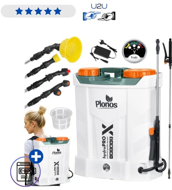 Accu Rugspuit 16L Plonos PL-602 Elektrische Tuinspuit Met 4 Nozzles En 12V Batterij Met Ebook van Merkloos	