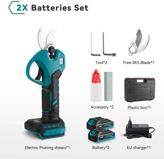 Accu Snoeischaar - 30 mm Snijdiameter - Elektrische Snoeischaar - Krachtige brushless motor - Lichtgewicht en ergonomisch - SK5 Stalen Messen - Voor Tuin - Boomgaard en Landschapsverzorging - 2 Accu's met 1 Lader van Merkloos	