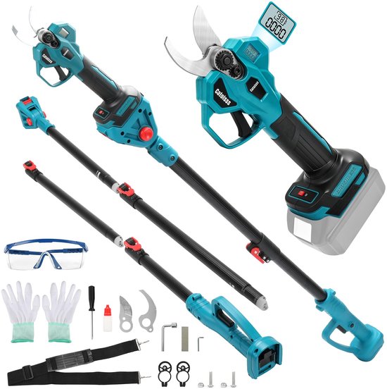 Accu takkenschaar compatibel met Makita 18V batterij, opening 32 mm, Max 45 mm snijdiameter, met 2 m verlengstang, LCD-digitaal display, voor het snoe