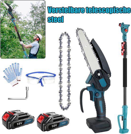 Accu-verlengstokzaag, 2-in-1 Hoogtakkenzaag & Handheld Tuinkettingzaag, Elektrische Verlengstok Kettingzaag met 2*3.0AH Accu, 2m Lange Telescopische Steel Snoeizaag, Verstelbare Kop voor Bomen Snoeien van Merkloos	